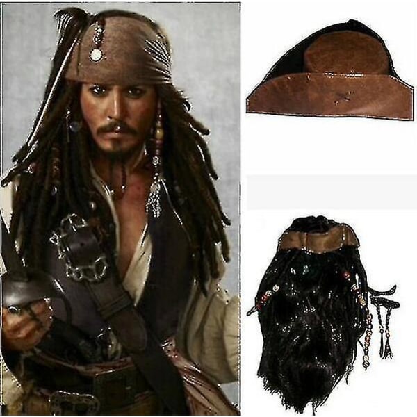 Halloween Män Vuxen Pirate Captain Jack Sparrow Peruk Hat Pirates Of The Caribbean Cosplay Tillbehör
