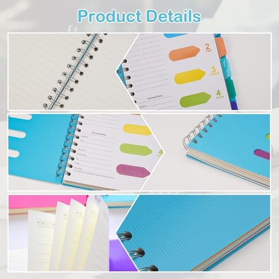 An A5 notebook with labels and loose-leaf, a spiral-bound insert, 5 index tabs and dividers, and 5 subject sections.