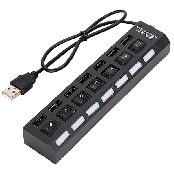 7-Port Hub USB Docking Station Sort 480mbps med Switch til Overbelastningsstrømsbeskyttelse 7 Porte Sort