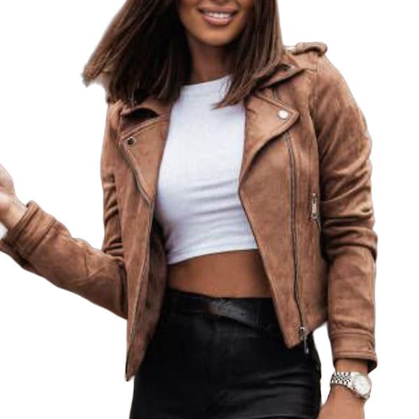 Khaki XL Women's Suede Biker Jacket with Zipper - Motorcycle Jacket