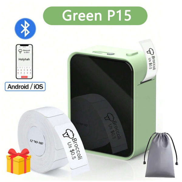 P15 etiketprinter, bærbar Bluetooth etiketprinter, grøn