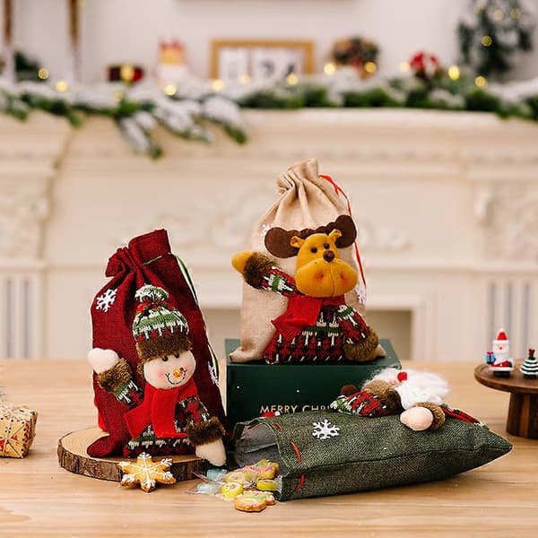 Julväskor med dragsko, 3D julklappspåsar, julinslagningspåsar, julgodispåsar, röda godispåsar (3-pack)