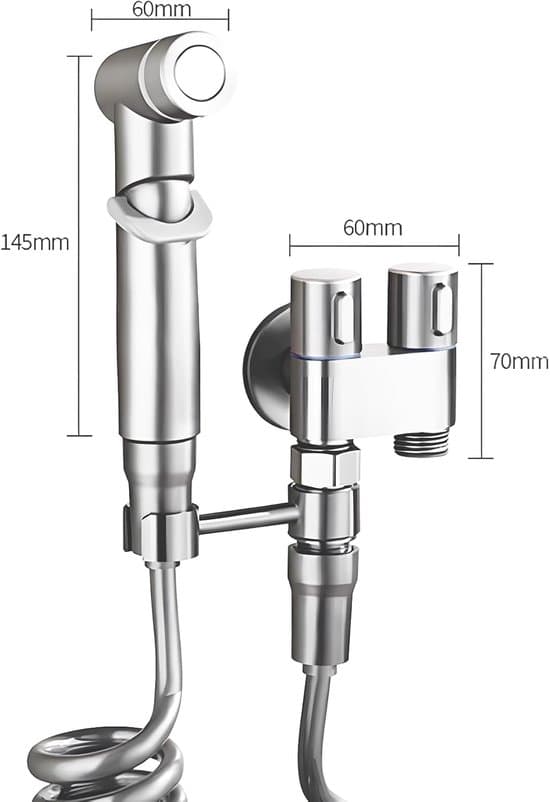 Bidet sæt i rustfrit stål – Manuel bidet bruser – Skylleflaske – Sølv