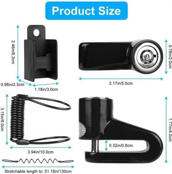 Disc Brake Lock - Disc Lock with Reminder Cable and Holder - Bicycle Lock - E-scooter Accessories - For E-bike / Motorcycle / Scooter