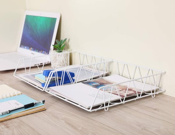 2-Tier A4 Letter Trays Metal Stackable Office Desk Organization Shelf File Holder Magazine Rack Paper Organizer White White