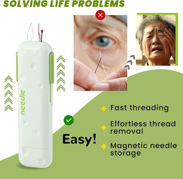 Newly Upgraded 3-in-1 Automatic Needle Threader Seam Ripper with Magnetic Storage Needle Box, Needle Threader Quick Sewing Kit (Green)