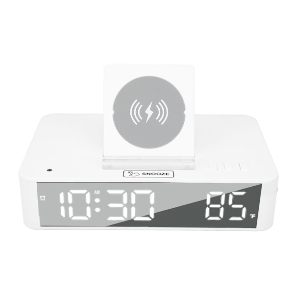 10W Digital Vækkeur Én Knap Løftende LED Spejl Elektronisk Ur med 10W Trådløs Opladning til Soveværelse Kontor Hjem EN001 Hvid