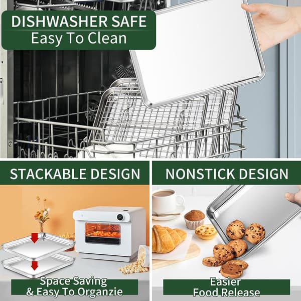 Baking Sheets + 2 Racks], Stainless Steel Cookie Sheets for Baking, Heavy Duty and Dishwasher Safe Baking Pans for Oven, Size 23 x 18 x 2.5 cm