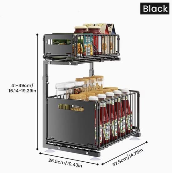 Two-tier pull-out cabinet organizer - adjustable kitchen shelf - under-sink storage system with drawers - for spices and kitchen accessories