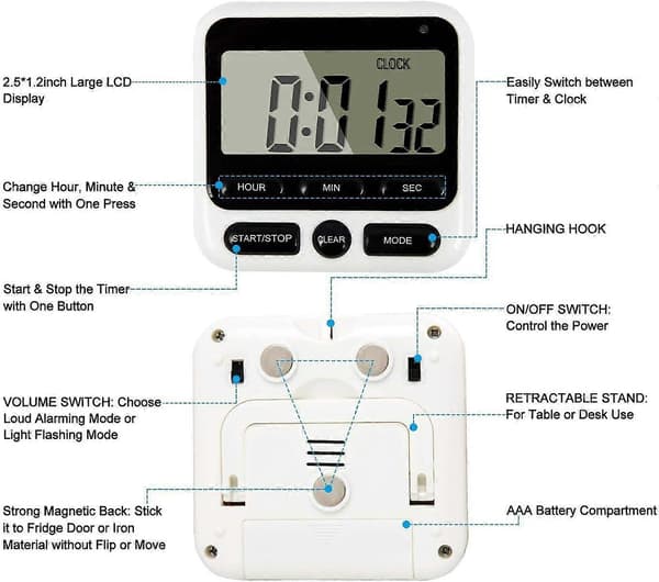 Stor LCD Digital Køkken Timer Nedtælling Op Vækkeur 24 Timer Magnetisk