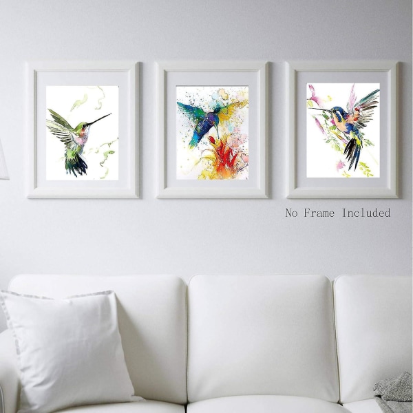 Fargerike kolibri- og blomsterkunsttrykk - sett med 3, uinnrammet - moderne veggmaleri på lerret for soverom og stue