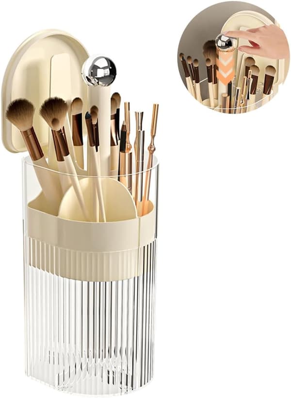 Makeup Brush Holder with Lid, with a One-Hand Push Button Opening for Easy Access to Makeup Tools.
