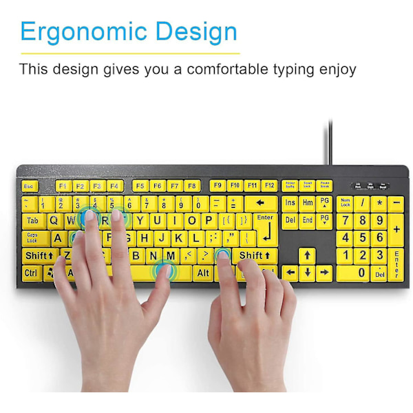 Høykontrast USB-tastatur med ledning og stor skrift for synshemmede