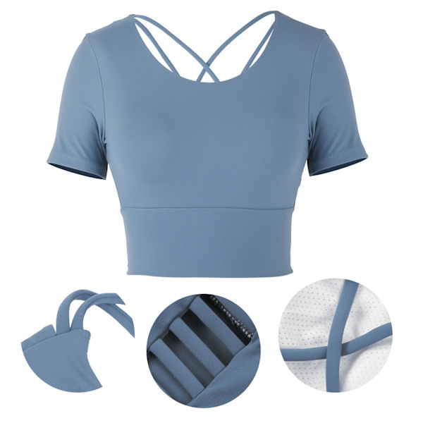 Dame Sommer Sexy Sports Kortermet Topper for Yoga Fitness Trening Sportstilbehør Medium Blå Grå L