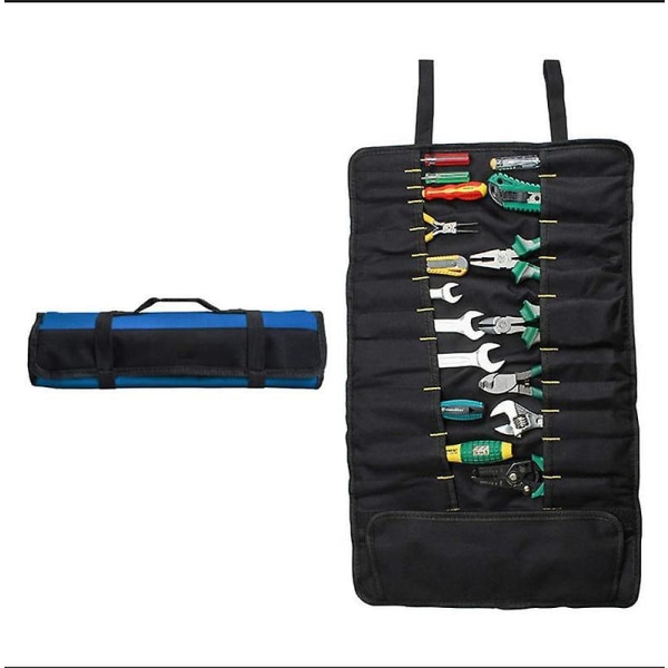 Blå værktøjsrulle-opbevaringspose med 22 lommer og nøglelomme, Oxford-stofmateriale, ideel til elektrikere