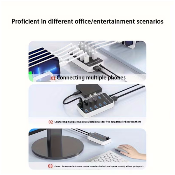10-portars USB 3.0-hub, universell USB 3.0-expansionsadapter för bärbara datorer. USB-hubben stöder 5 Gbps höghastighetsdataöverföring