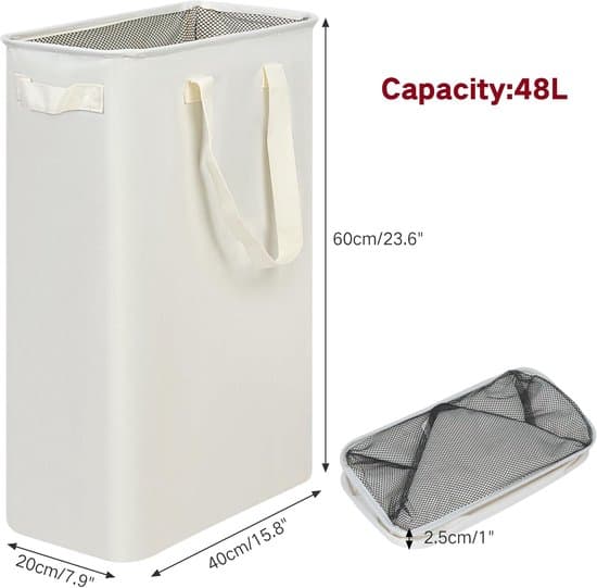 Laundry Basket - Slim Laundry Hamper with Handles - Foldable Laundry Basket for Dirty Clothes - 20 x 40 x 60 cm - Off-white