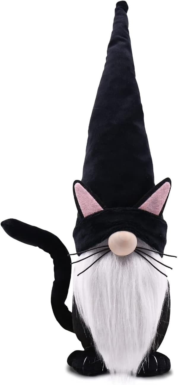 Sort Kat Tomte Plyslegetøj Skandinavisk Dværgfigur Forårshaveindretning Perfekt Gave til Kvinder og Katteelskere