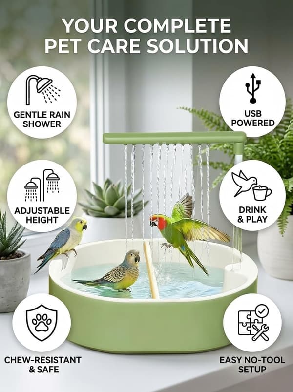 Fuglebad – Fuglekar og automatisk bruser til papegøjer, parakitter, conures, finker og undulater.