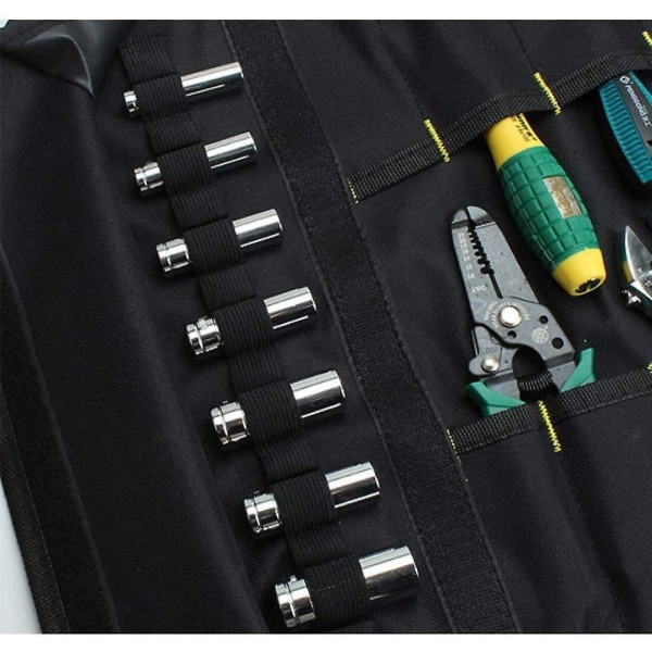 Blå værktøjsrulle-opbevaringspose med 22 lommer og nøglelomme, Oxford-stofmateriale, ideel til elektrikere