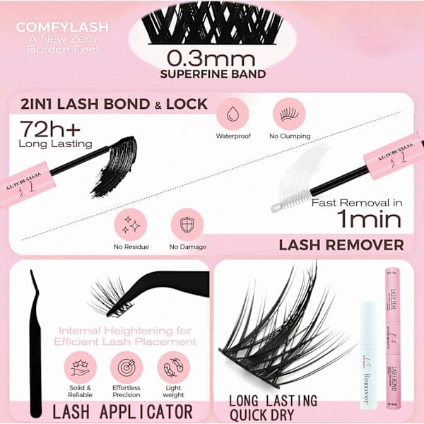 Veyesbeauty Manga Lash Clusters Dramatic Look Dynamic Volume Invisible Band Durable & Reusable 140 Clusters 8-16mm