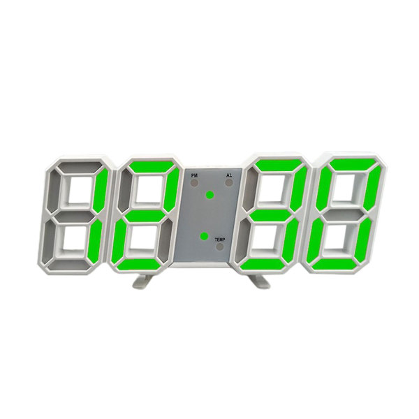 Green Light 3D digital USB-veggklokke med 12/24-timers tidsvisning og LED-nattlys