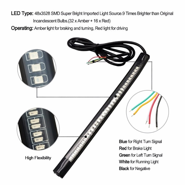 48SMD LED-lysstripe for motorsykkel, baklys, bremselys, blinklys