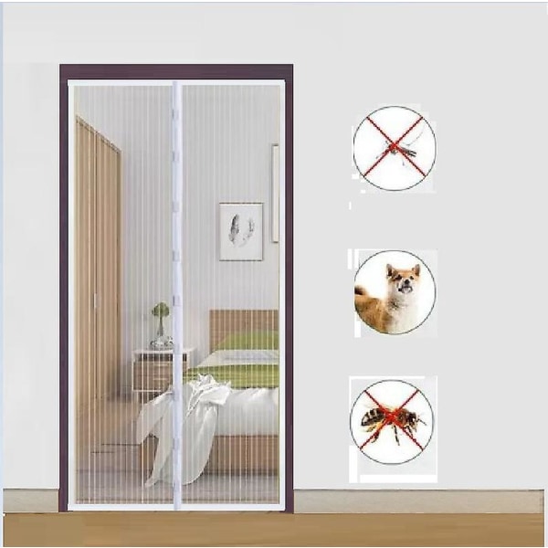 Vit magnetisk myggnätsdörr 90x210 cm med självstängande ultrafint mesh för enkel verktygsfri installation, idealisk för barn och husdjur