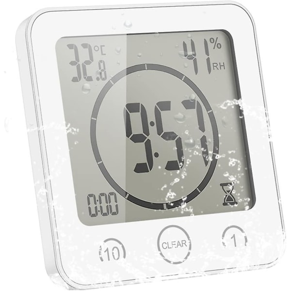 Baderomsklokke, digital LCD-alarm med vanntett berøringsdusjklokke, temperaturfuktighet, nedtellingstidtaker, 3 monteringsmetoder, batteridrevet (hvitt