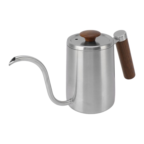 Häll över kaffekanna 304 Rostfritt stål Gooseneck Smal Pip Kaffekanna med Trähandtag 600ml Sandningsfärg