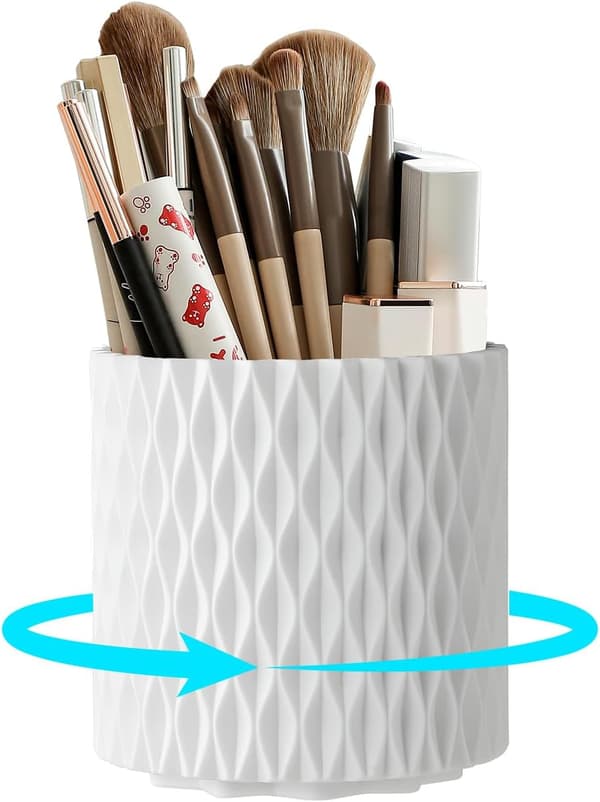 Makeup Brush Storage Box with 360-Degree Rotating Stand and 5 Compartments.
