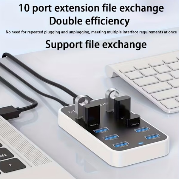 10-portars USB 3.0-hub, universell USB 3.0-expansionsadapter för bärbara datorer. USB-hubben stöder 5 Gbps höghastighetsdataöverföring