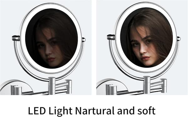 Double-Sided Magnifying Makeup Mirror Wall-Mounted LED Waterproof Mirror 360 Degree Rotation - 6 Inch Silver