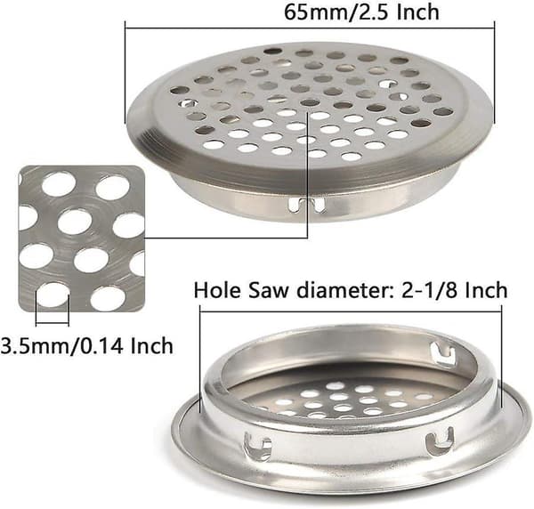 20 stk. runde ventilationsgitre i rustfrit stål til autocamper/badeværelse/køkken osv. Sølv 35+53 mm