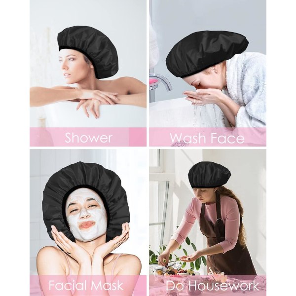 Erittäin suuri kolmikerroksinen cap naisille - silkkinen satiini, mikrokuitufroteekangas - vedenpitävä, uudelleen käytettävä ja täydellinen pitkille hiuksille