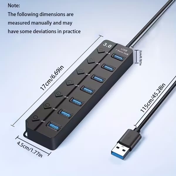USB 3.0-hub med 7 porter og LED-strømbryter og skjøtekabel for MacBook, Mac Pro, Mac Mini, iMac, Surface Pro, XPS, PC