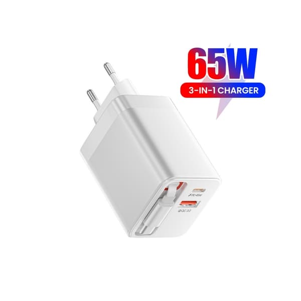 65W hurtigopladningsadapter, kompatibel med Android-telefoner og -tablets, hvid