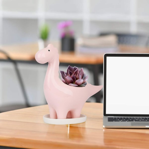 Rosa keramisk dinosaurie suckulentkruka med fat - Mini inomhusväxtpresentdekoration för hem och kontor