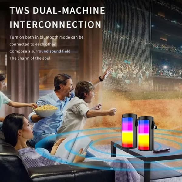 This RGB wireless Bluetooth speaker has a built-in microphone and is compatible with Android and iOS devices, USB devices, AUX input, and FM radio