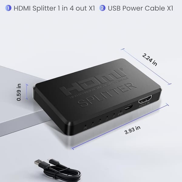HDMI-splitter 1 in 4 ut Stöder duplicering/spegling av 1 källskärm till 4 HDMI-skärmenheter, 4-portars HDMI-splitters