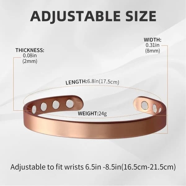 Unisex koppararmband, 99,9% ren koppar, 17,3 cm, justerbart, med 8 magneter (normal storlek).