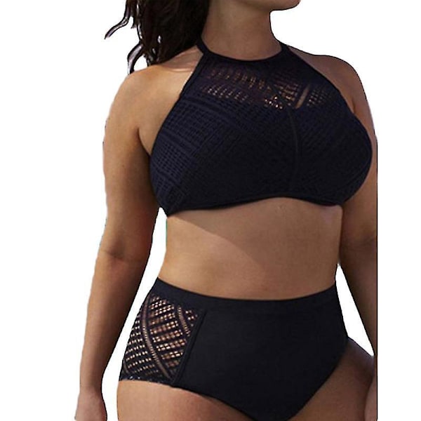 Women's Plus Size Black Halter Bikini Set with Push-Up Bra and High Waist Swimsuit