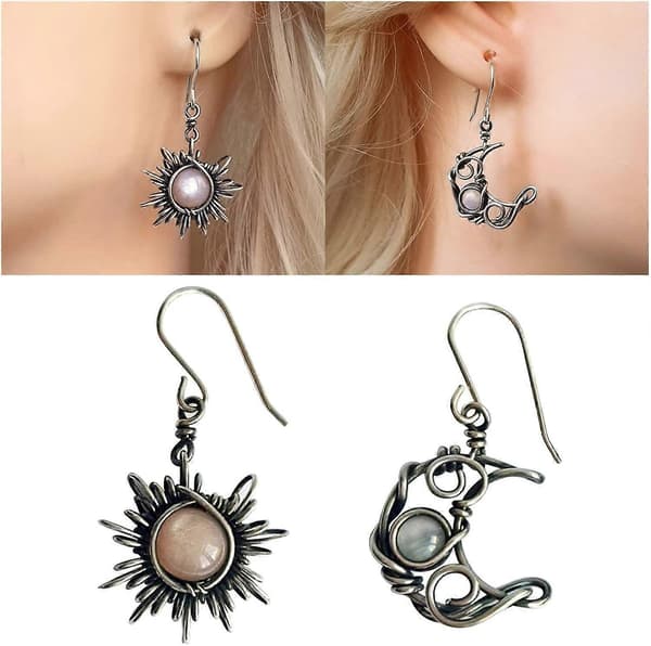 Boho Opal Sol og Måne Dråbe Dingle Øreringe Månesten Asymmetrisk Antik Sølv