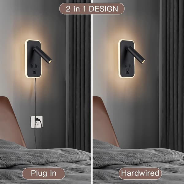 Bedside Reading Lamp, Bed Lamp Plug-in Hardwired 2-in-1 Wall Sconce, Bedside Lamps USB C+A Ports, Adjustable Headboard Lights for Bedroom