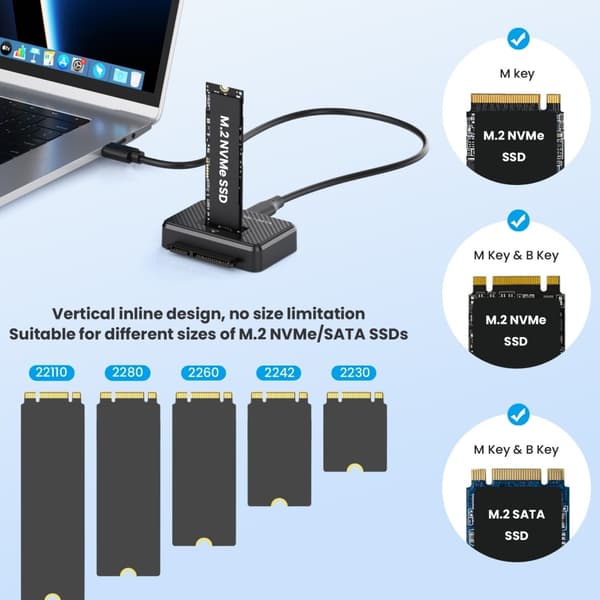 USB til NVMe/Adapter Harddiskleser Disk-omformer Strømadapter Dataoverføring, M.2 NVMe/SATA SSD-kortleser
