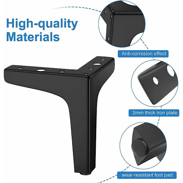 4 huonekalun jalan set kantavuus 600 kg, 17 cm modernit metalliset kolmiopöydän jalat, hiusneulahuonekalujen jalat kaappiin, sohva, musta ( cm) cm 10