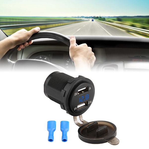 3.1A Dobbel USB Bil Lader Strømadapter med Voltmeter DC 12V (Blå)