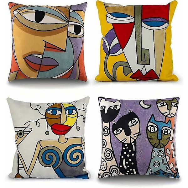 Picasso Pudebetræk - Sæt af 4 | 45 x 45 cm | Broderet Bomuldslinned | Skandinavisk Stil | Dekoration til Stue, Soveværelse, Kontor og Stol
