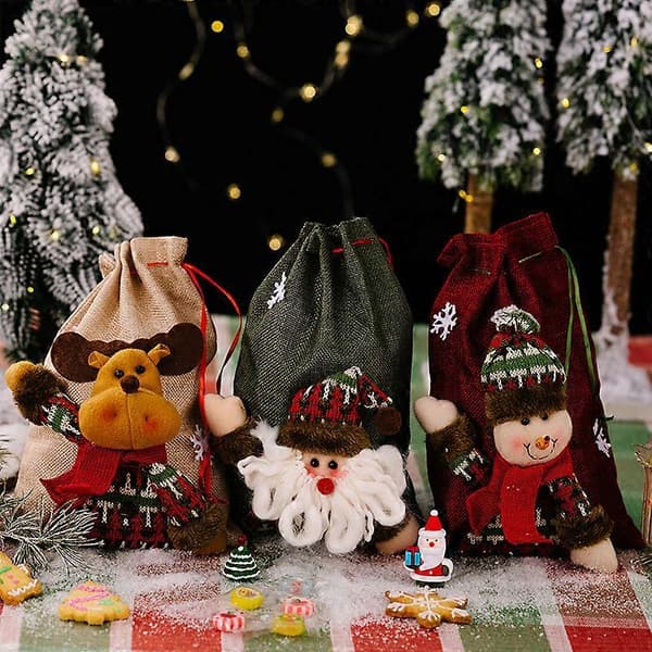 Julväskor med dragsko, 3D julklappspåsar, julinslagningspåsar, julgodispåsar, röda godispåsar (3-pack)
