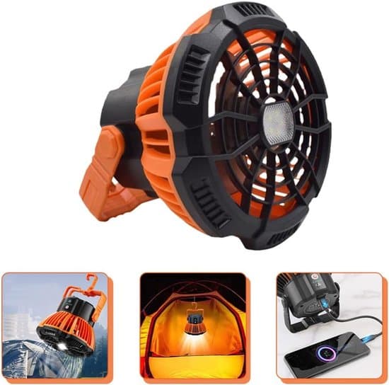 Campingventilator - USB-ventilator med hængefunktion - USB-genopladelig - med LED - lydsvag - til camping, telt, campingvogn, udendørs